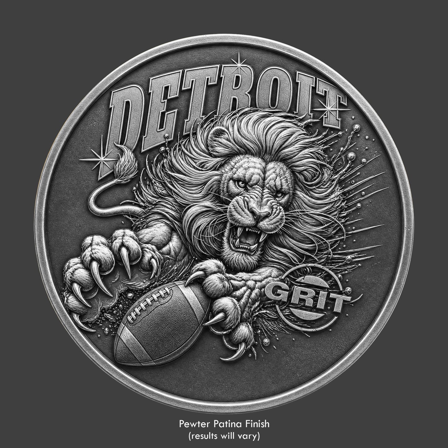 A Detroit Lion fan coin on pewter coin