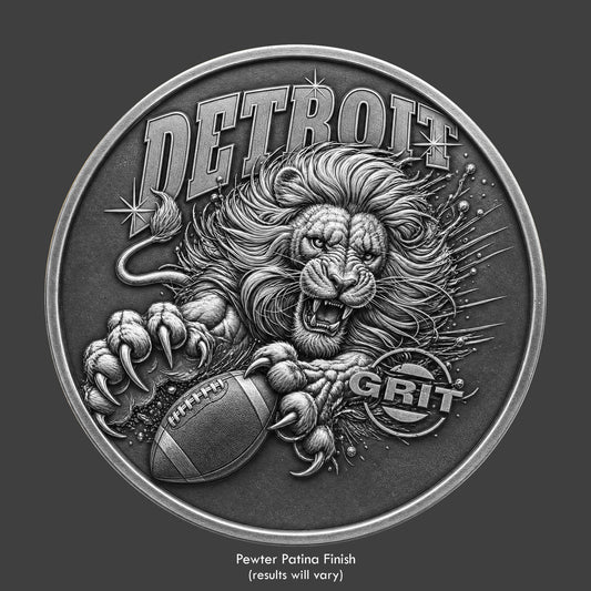 A Detroit Lion fan coin on pewter coin