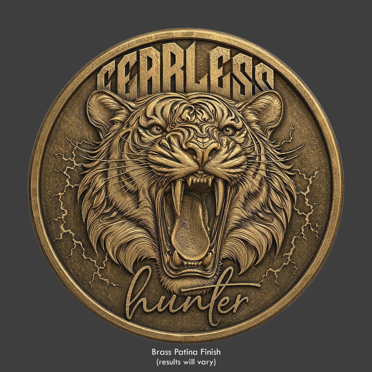 A tiger growling on a brass patina coin