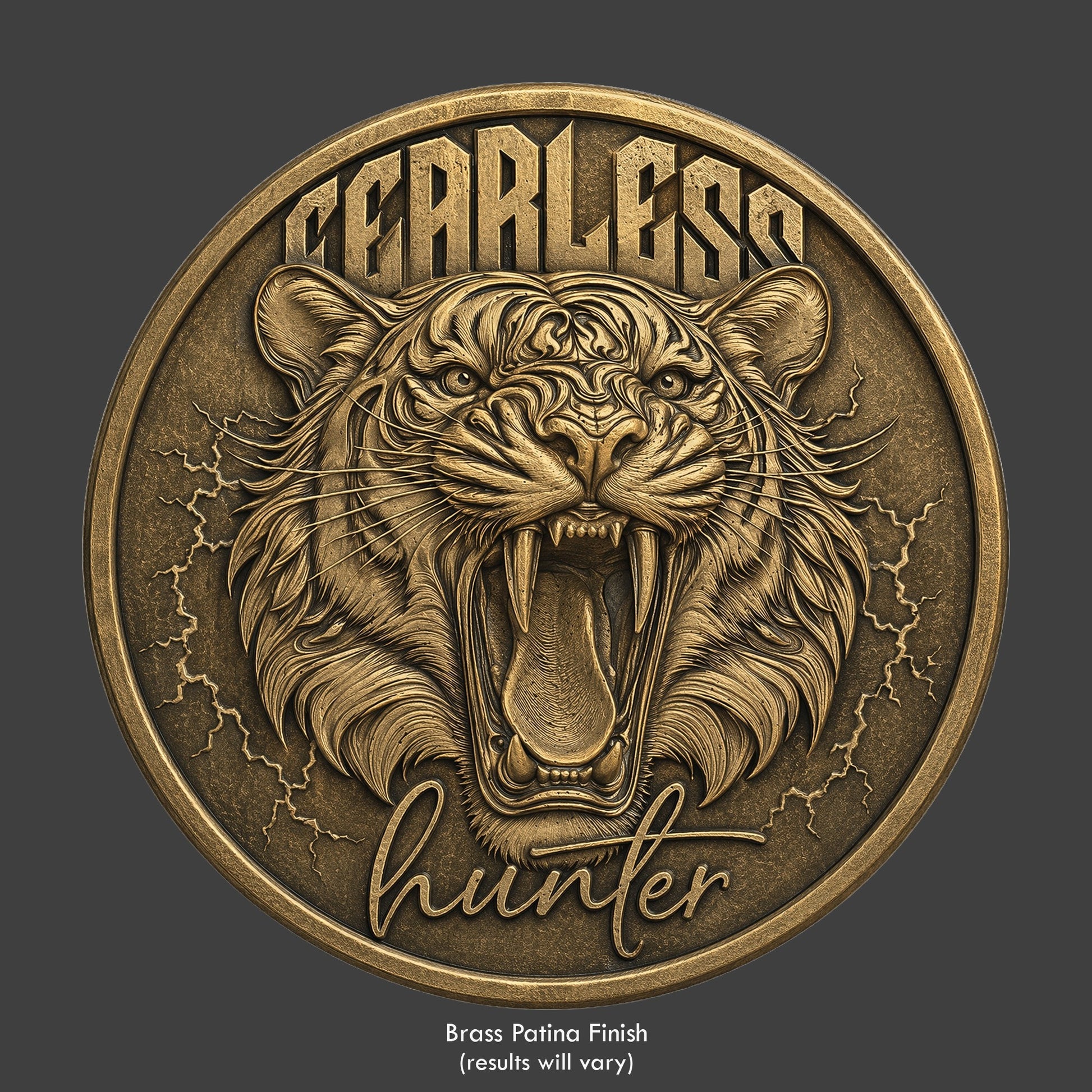 A tiger growling on a brass patina coin