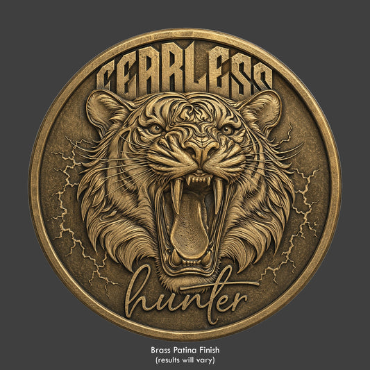 A tiger growling on a brass patina coin