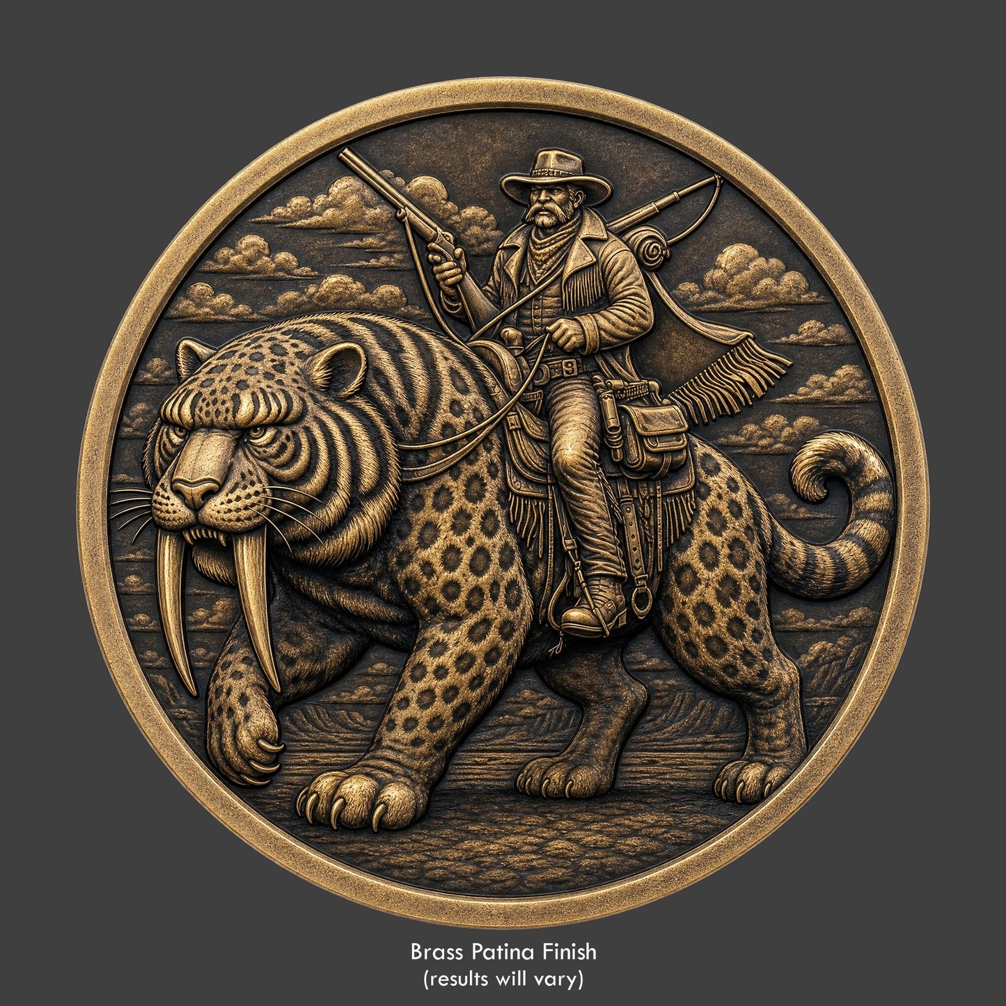 A brass finished, resin sculpted coin of a hunter riding a sabertooth tiger
