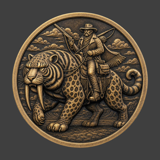 A brass finished, resin sculpted coin of a hunter riding a sabertooth tiger