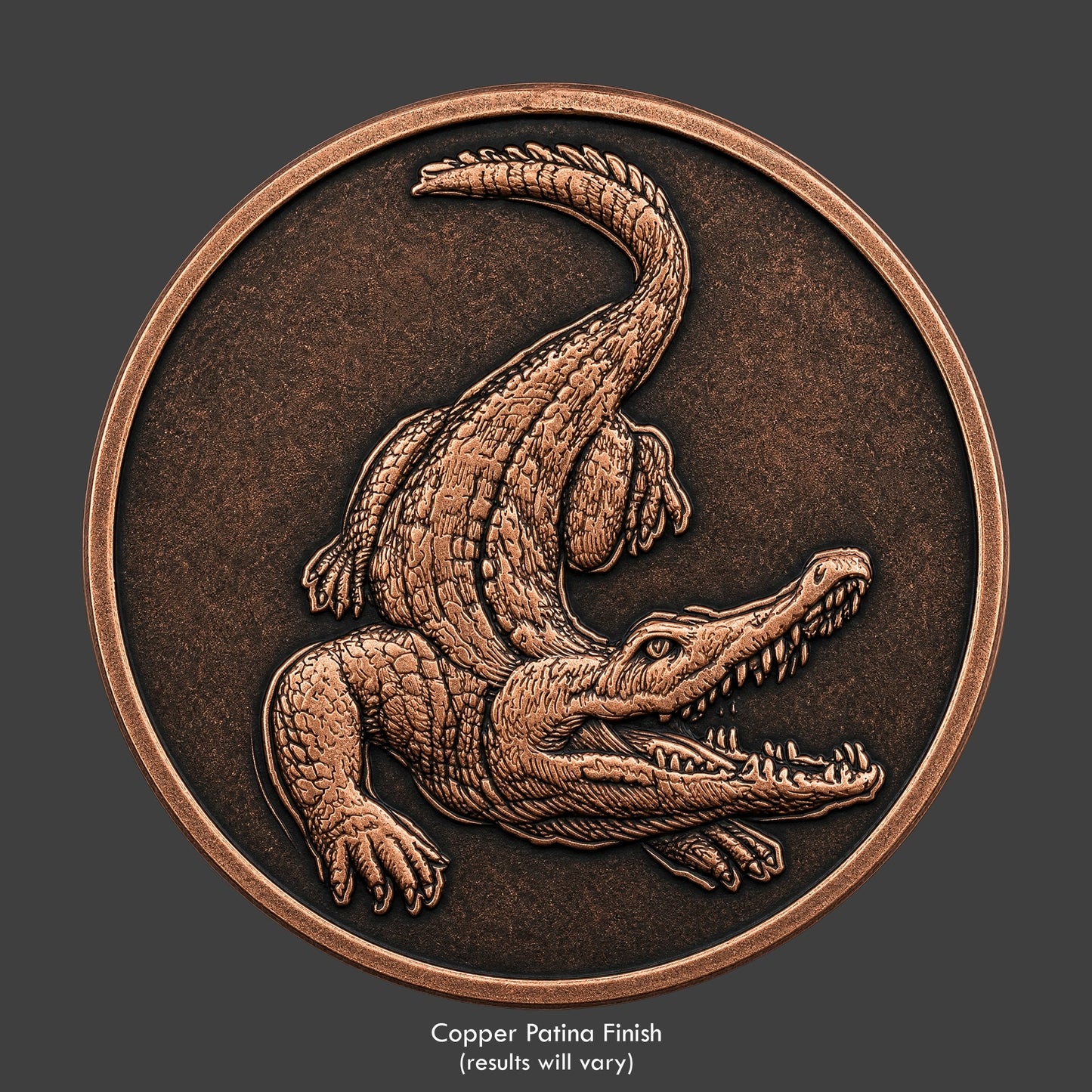 A copper finished, resin sculpted coin of an alligator