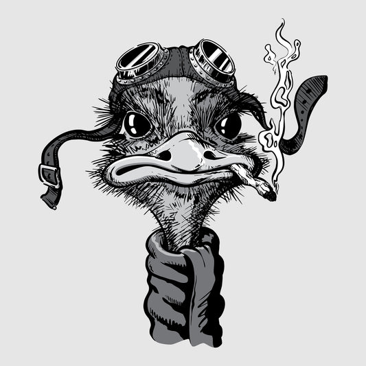 A cartoon ostrich smoking a cigarette wearing aviation glasses