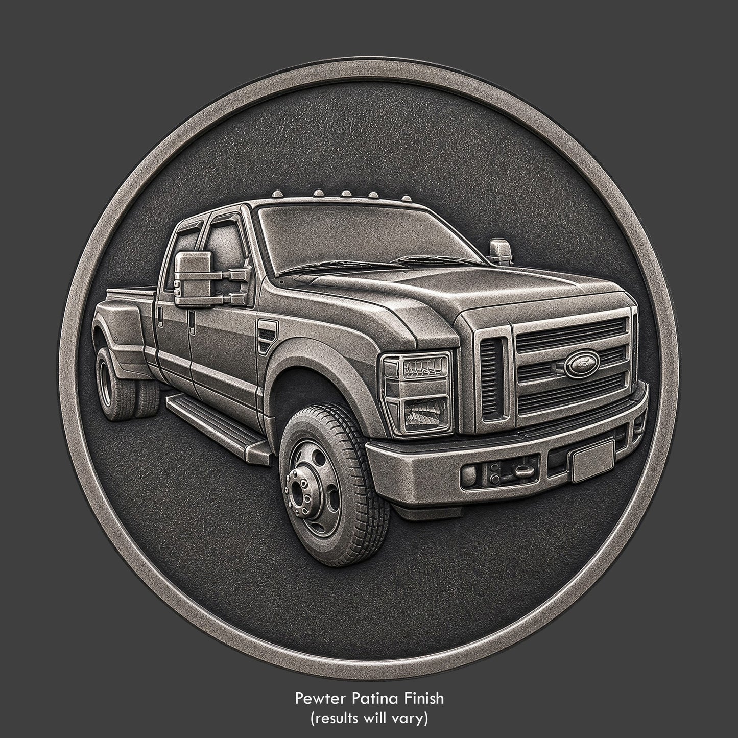 A pewter finished, resin sculpted coin of a Ford F350 Dually