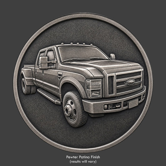 A pewter finished, resin sculpted coin of a Ford F350 Dually