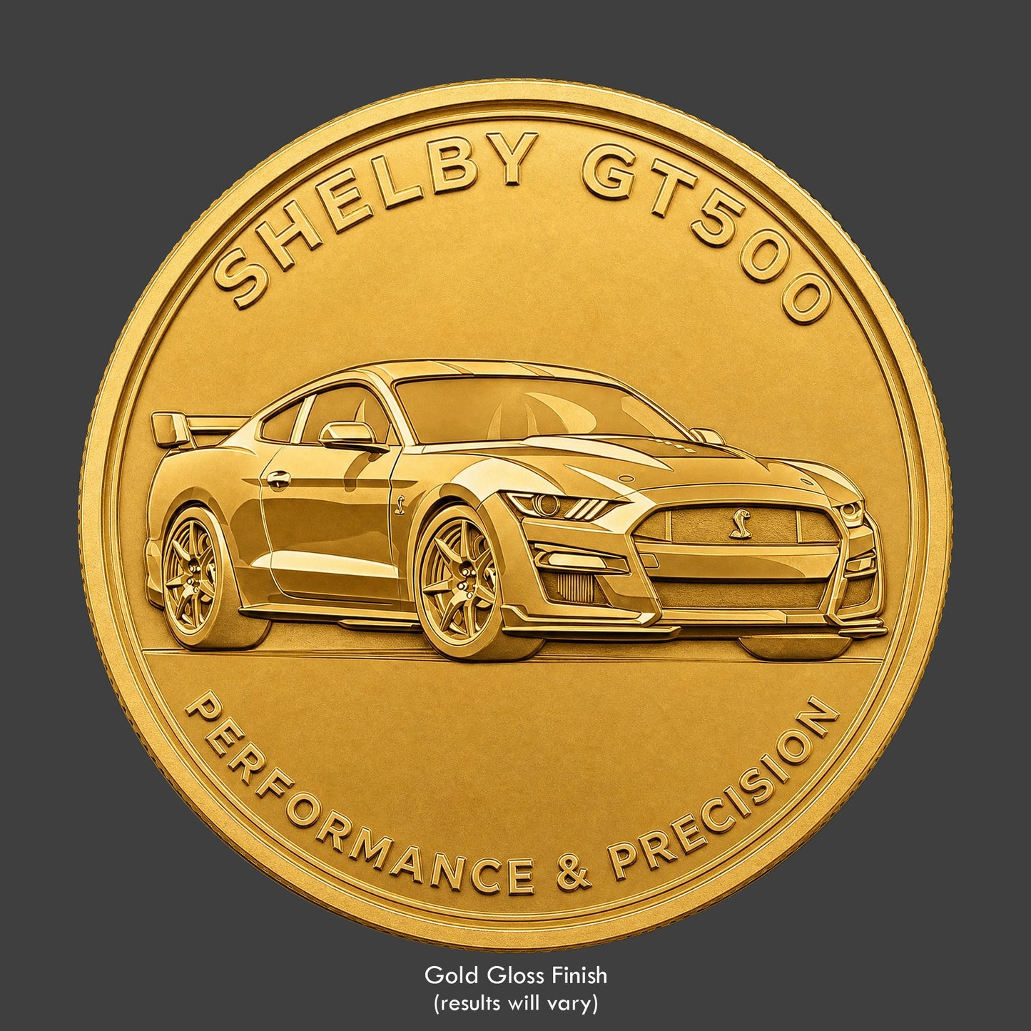 A gold finished, resin sculpted novelty coin of a Ford Shelby GT500