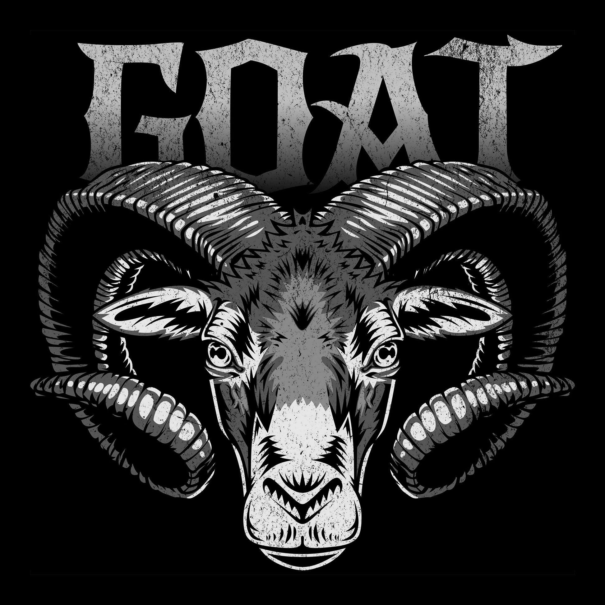 Black and white illustration of a ram's head with large curved horns on a black background.