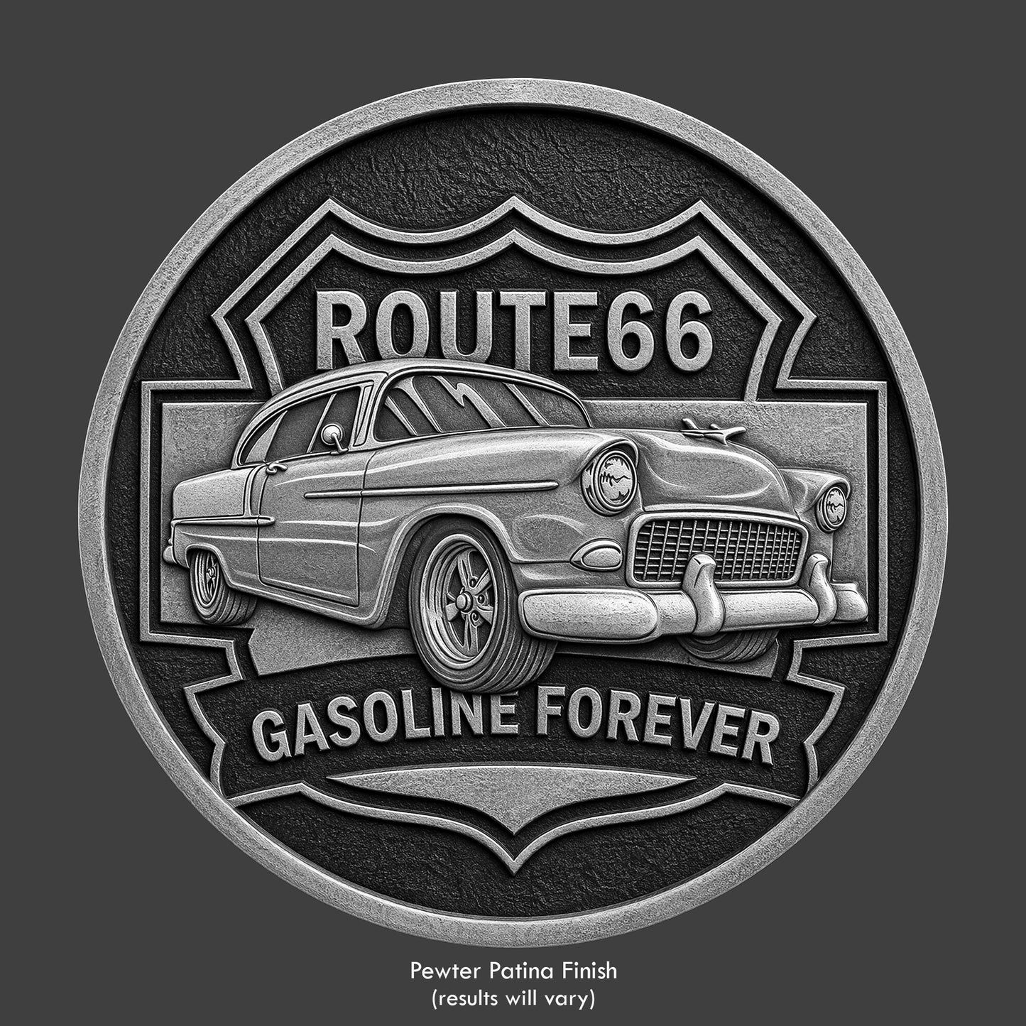 A pewter finished, resin sculpted coin of a 57 Chevy