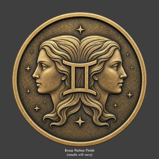 A Gemini Zodiac symbol on a brass patina coin