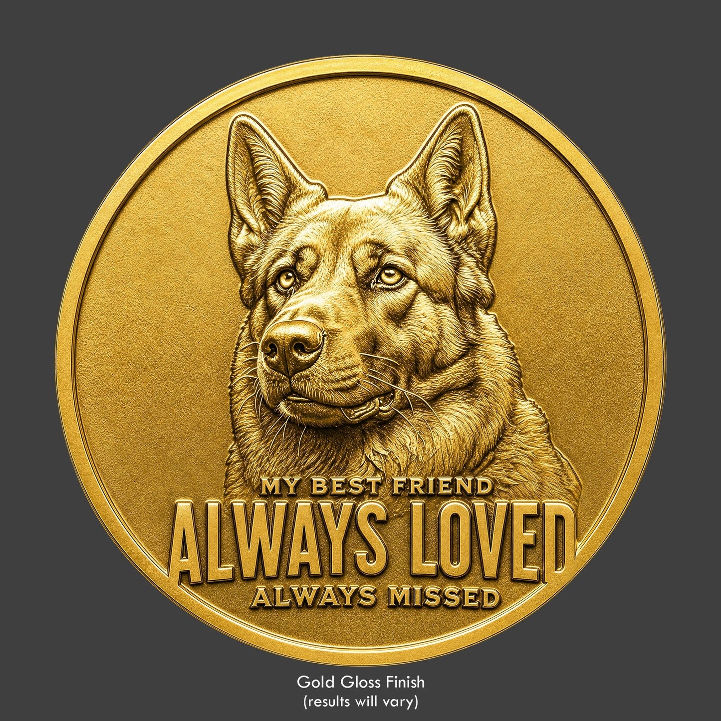 A brass finished, resin sculpted coin of a German Shepard