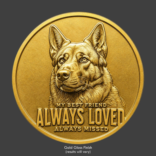 A brass finished, resin sculpted coin of a German Shepard