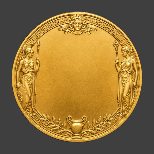 Gold coin with Greek goddess design on a dark background