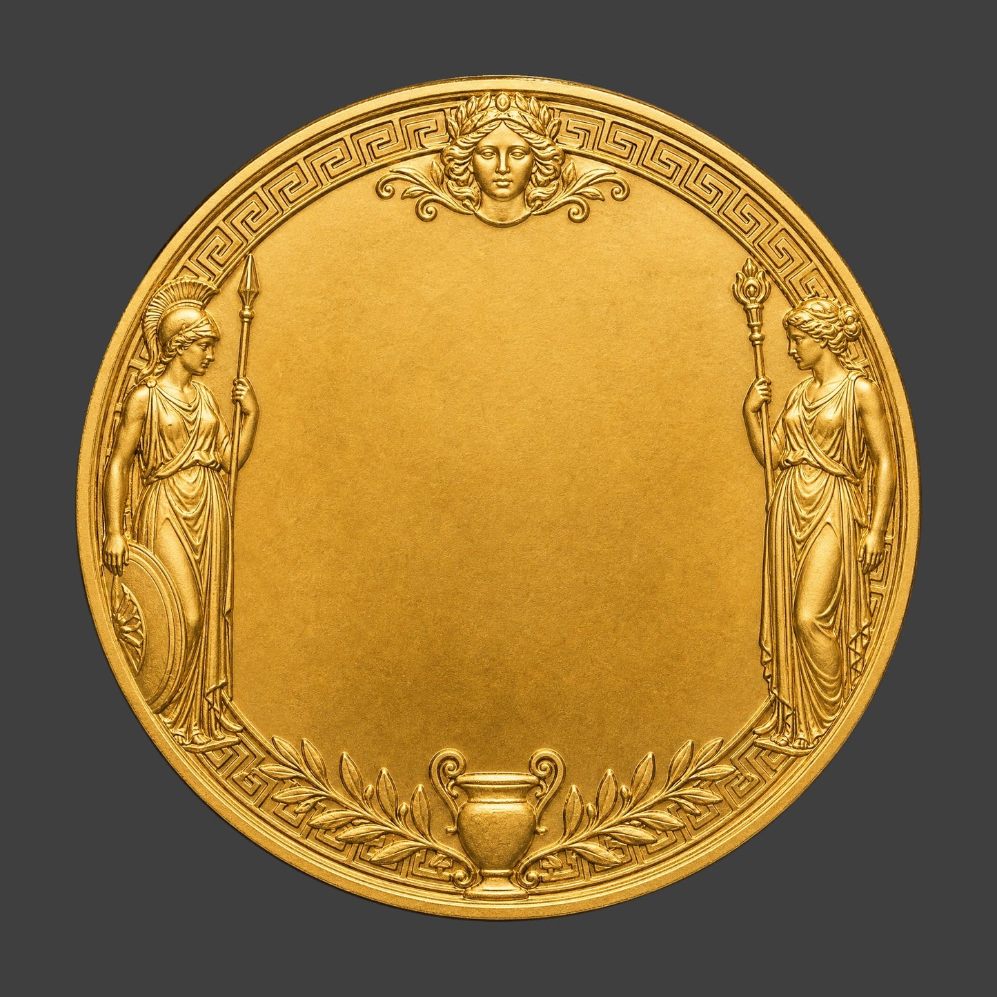 Gold coin with Greek goddess design on a dark background