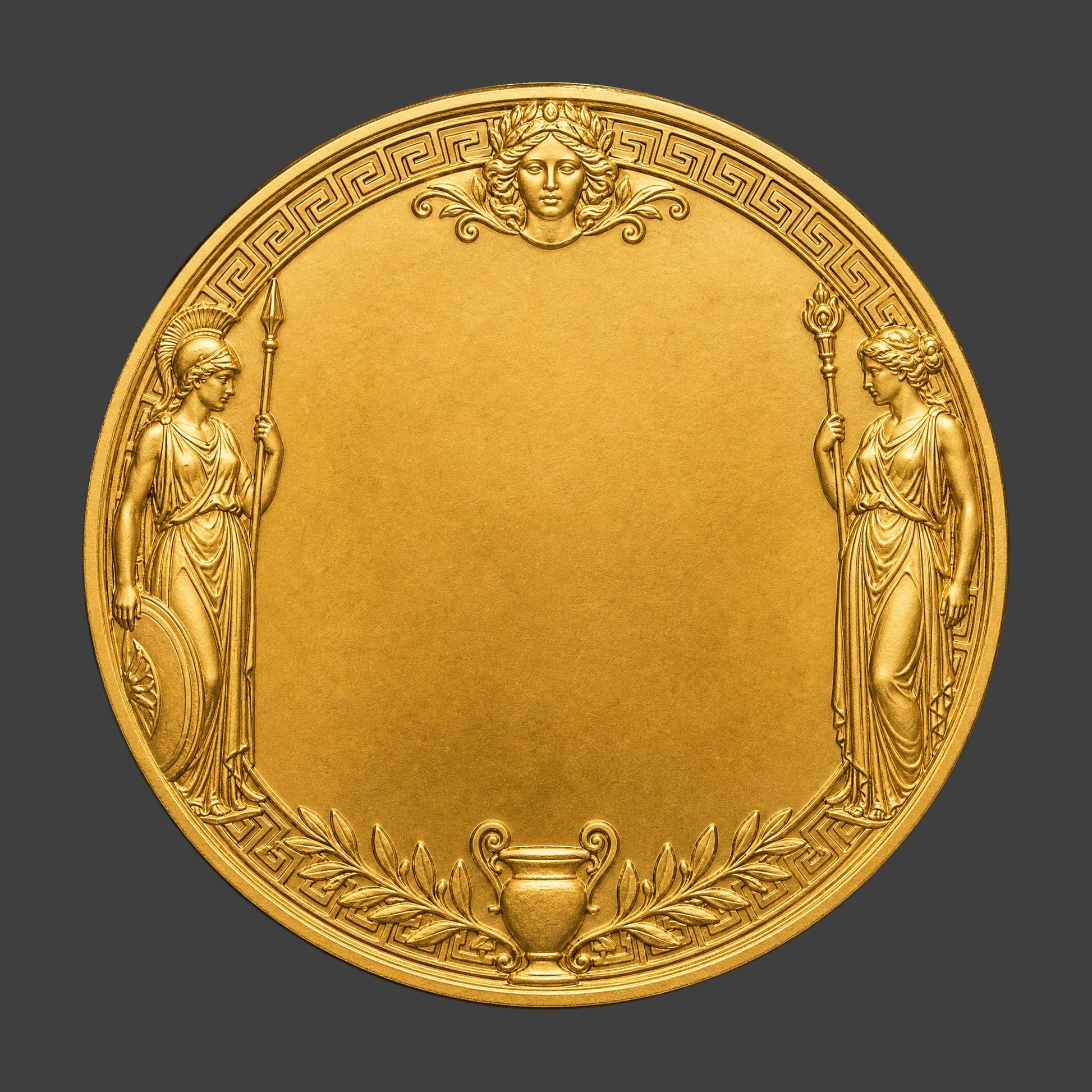 Gold coin with Greek goddess design on a dark background