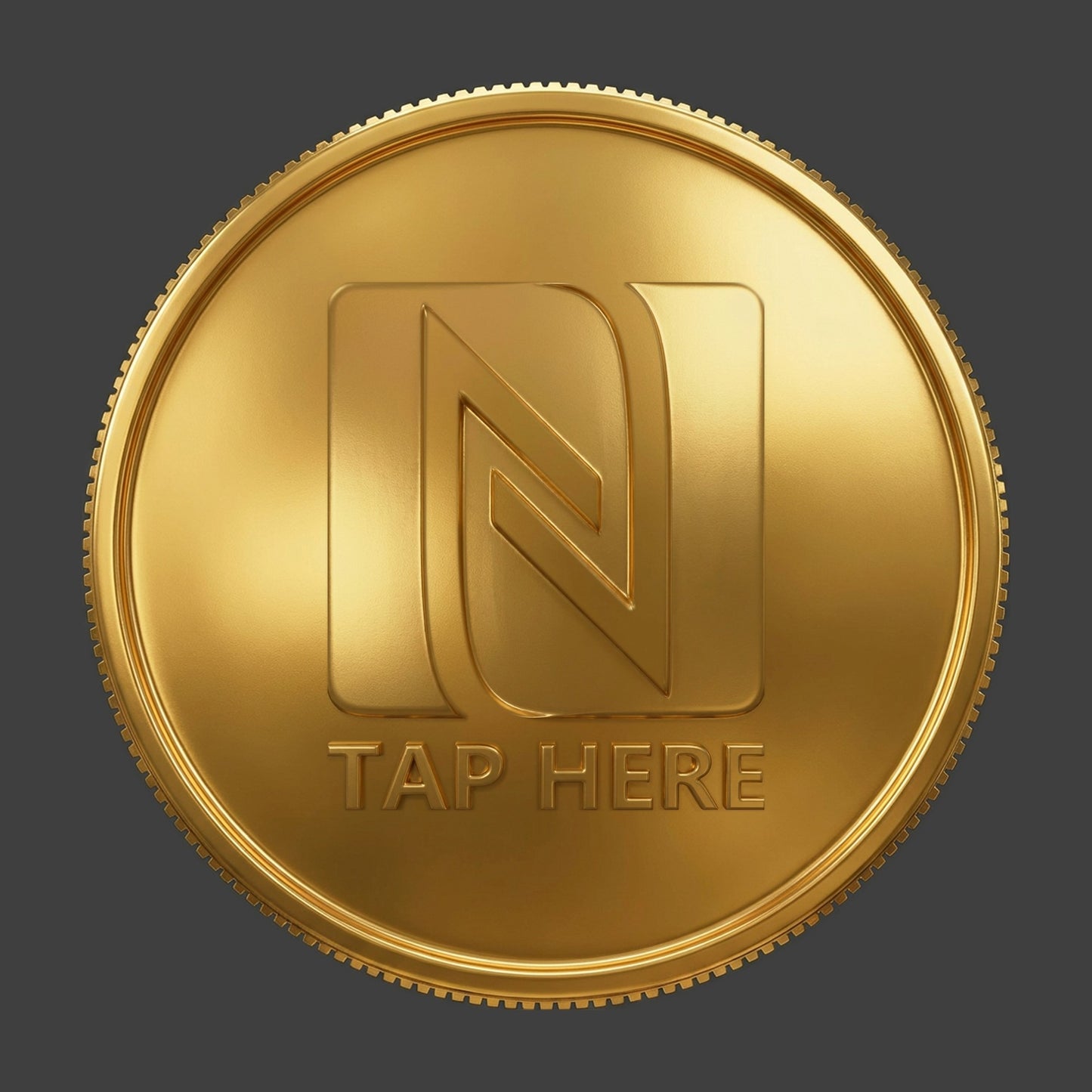 A gold reeded TapCoin with an NFC logo 
