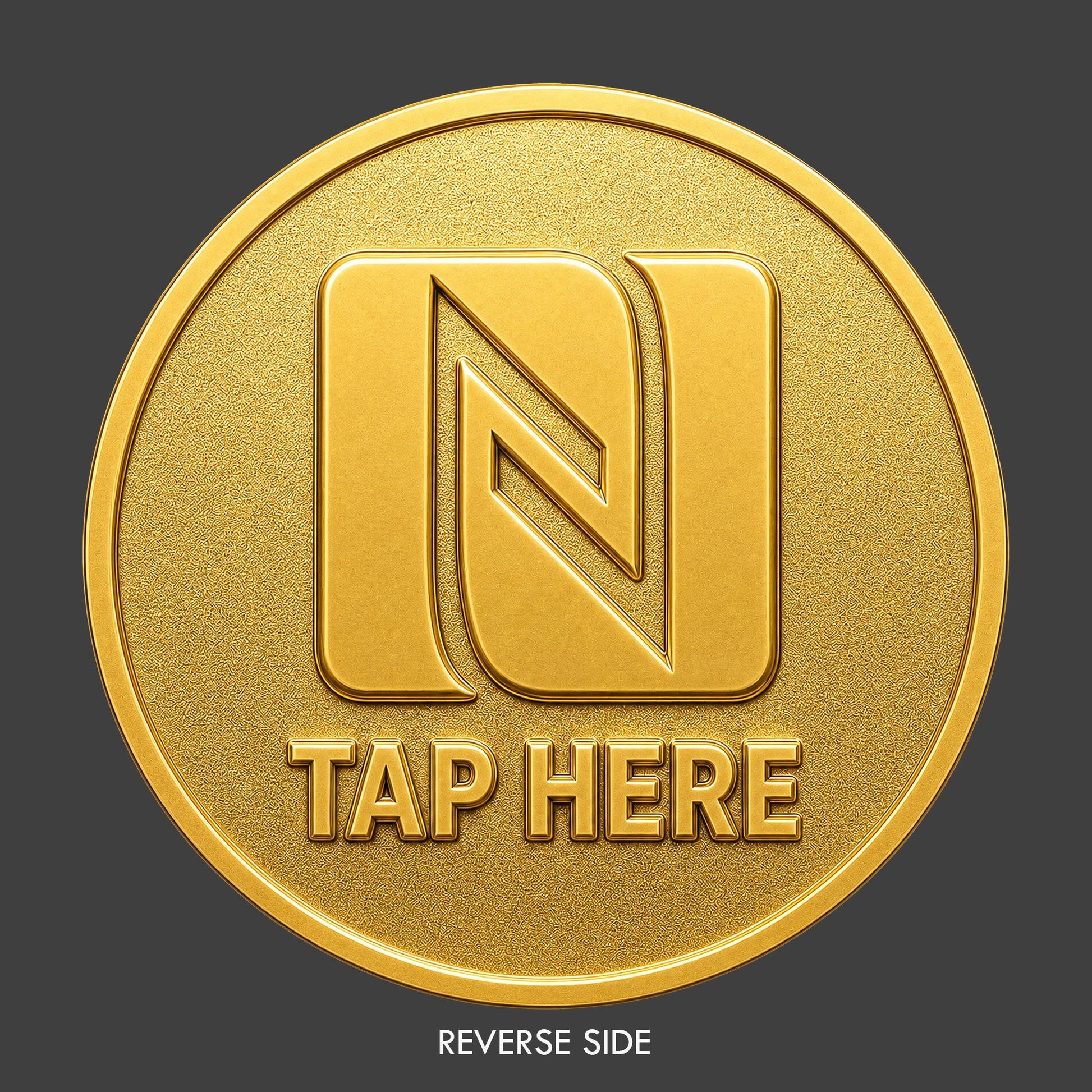 A gold TapCoin with an NFC logo