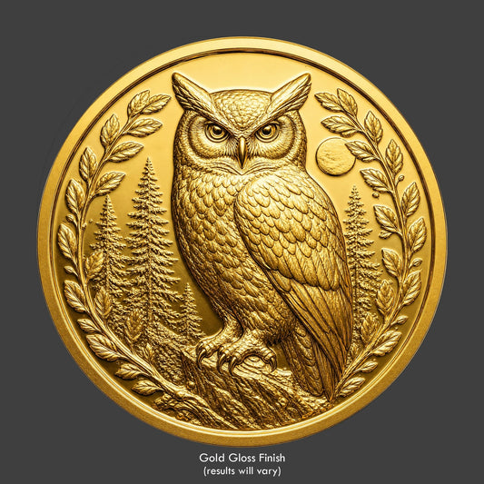 A gold finished, resin sculpted novelty coin of an owl