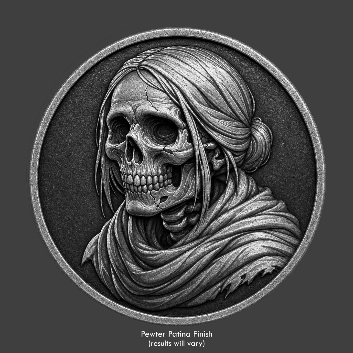 A pewter finished, resin sculpted coin of a grandma skull