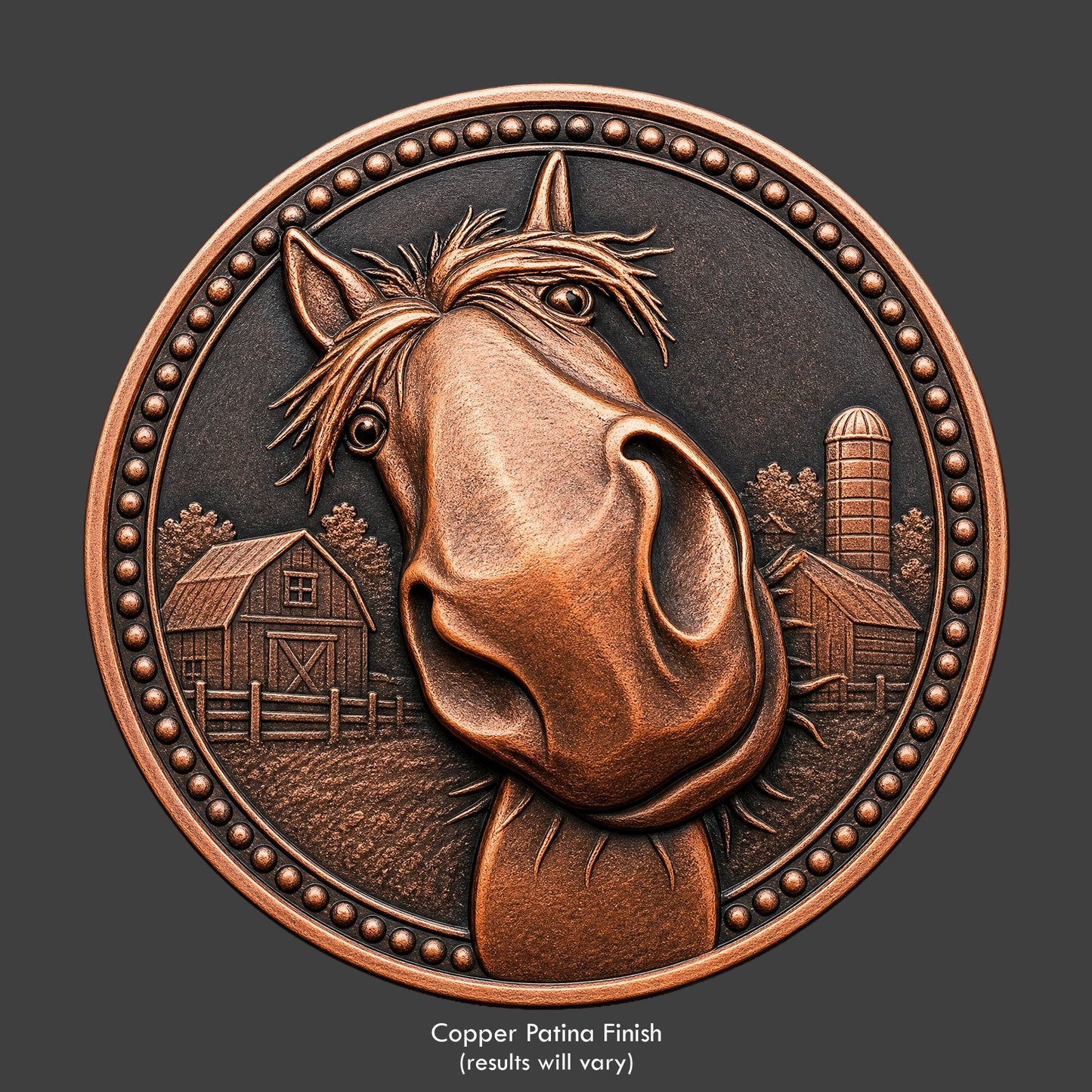 A copper finished, resin sculpted coin of a happy horse