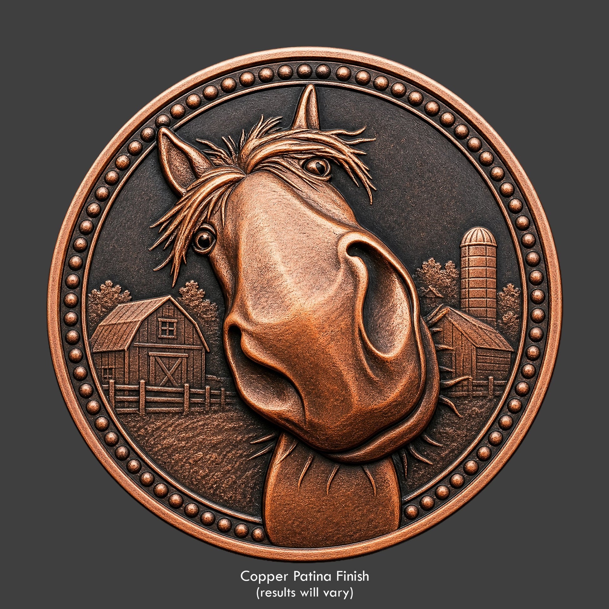 A copper finished, resin sculpted coin of a happy horse