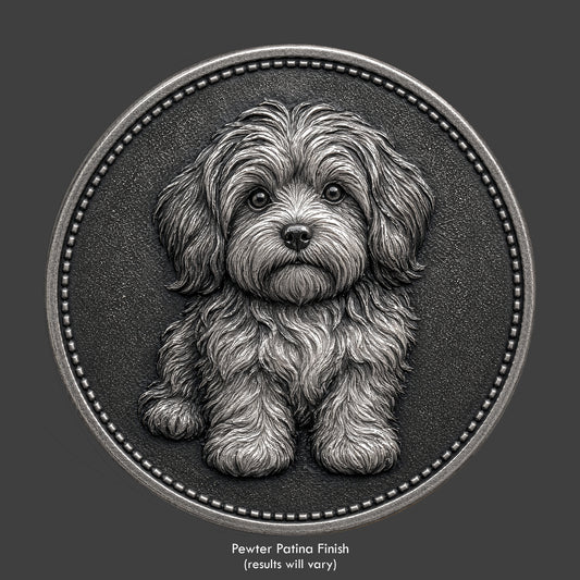A havanese puppy on a pewter coin