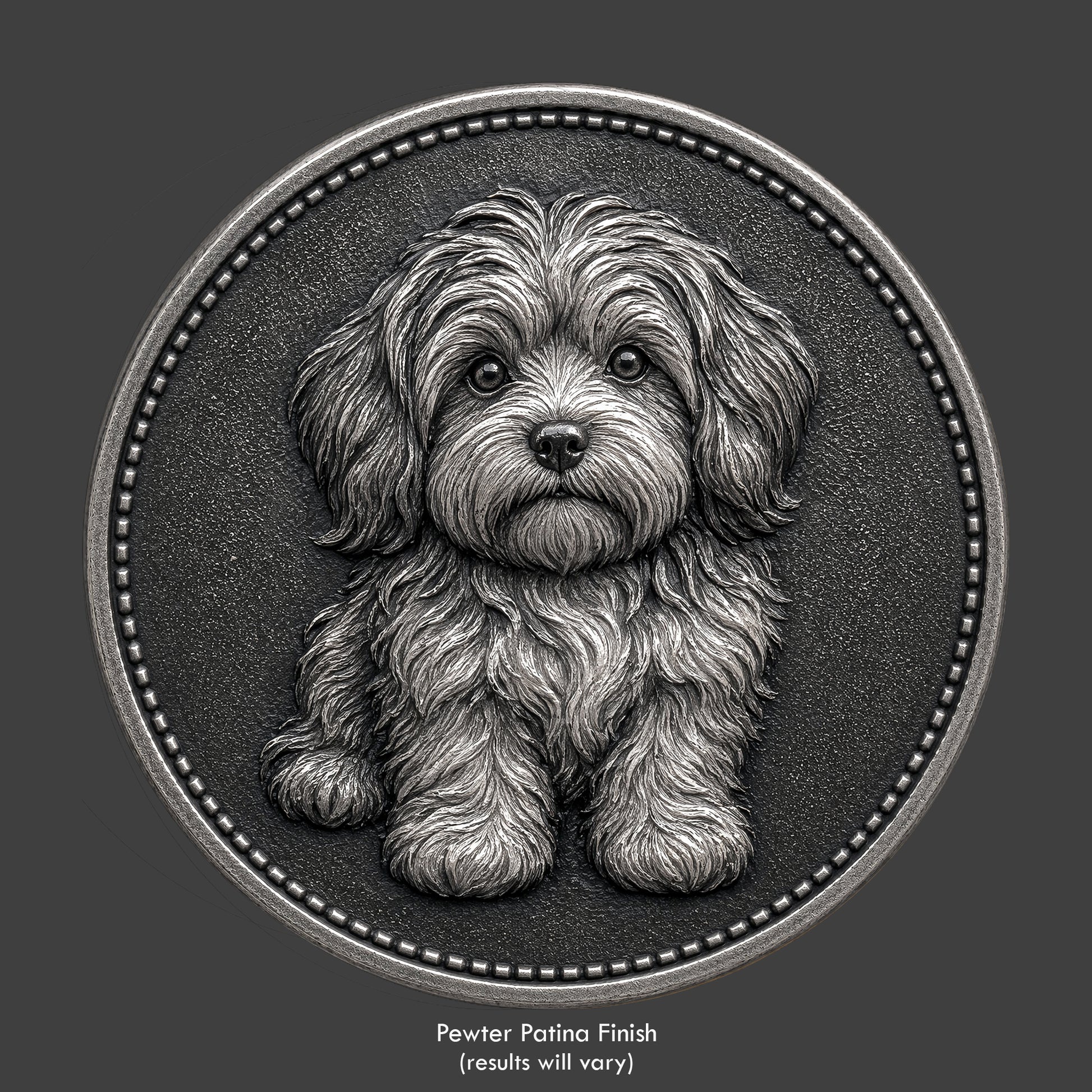 A havanese puppy on a pewter coin
