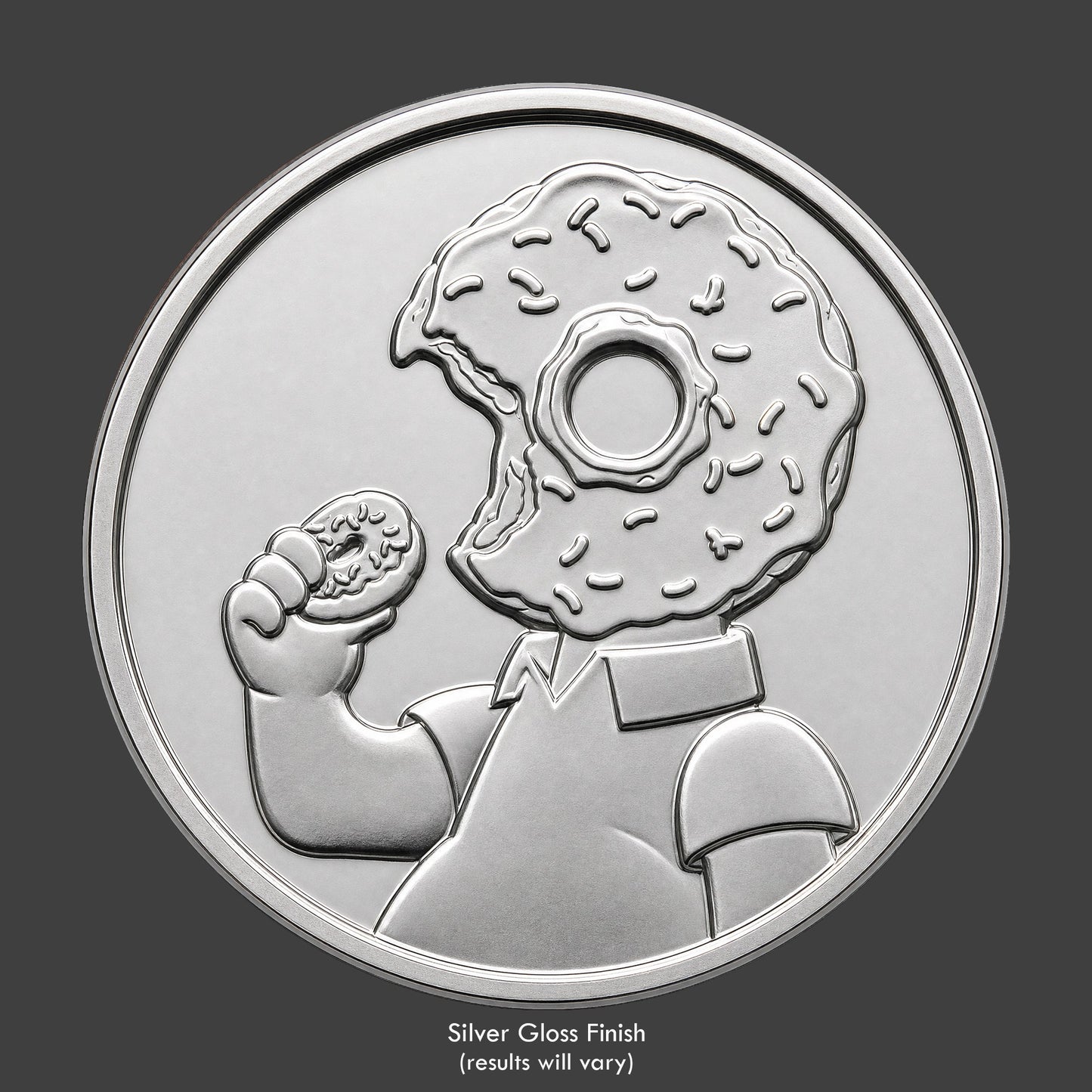 A silver finished, resin sculpted novelty coin of a Homer Simpson