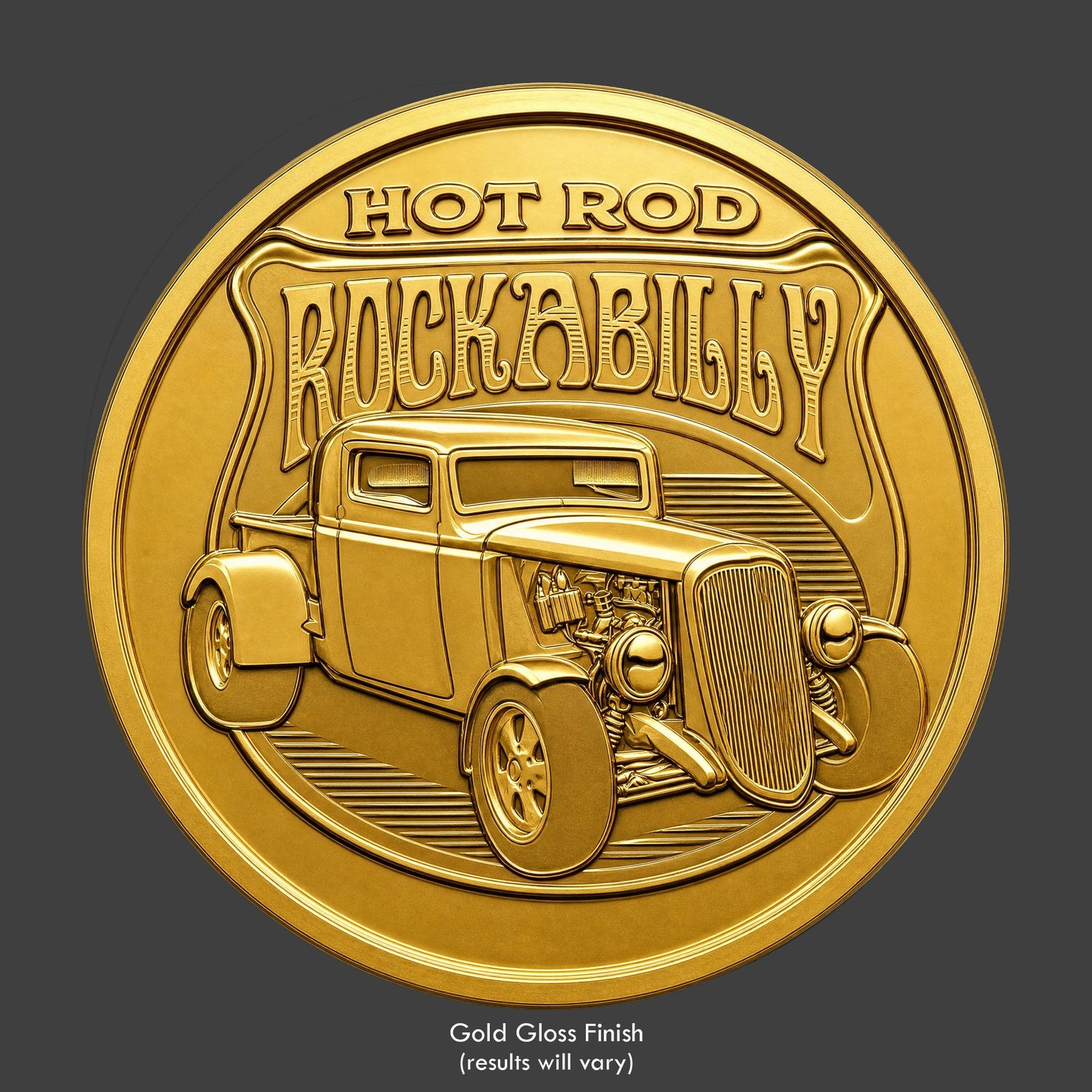 A gold finished, resin sculpted hot rod on a coin