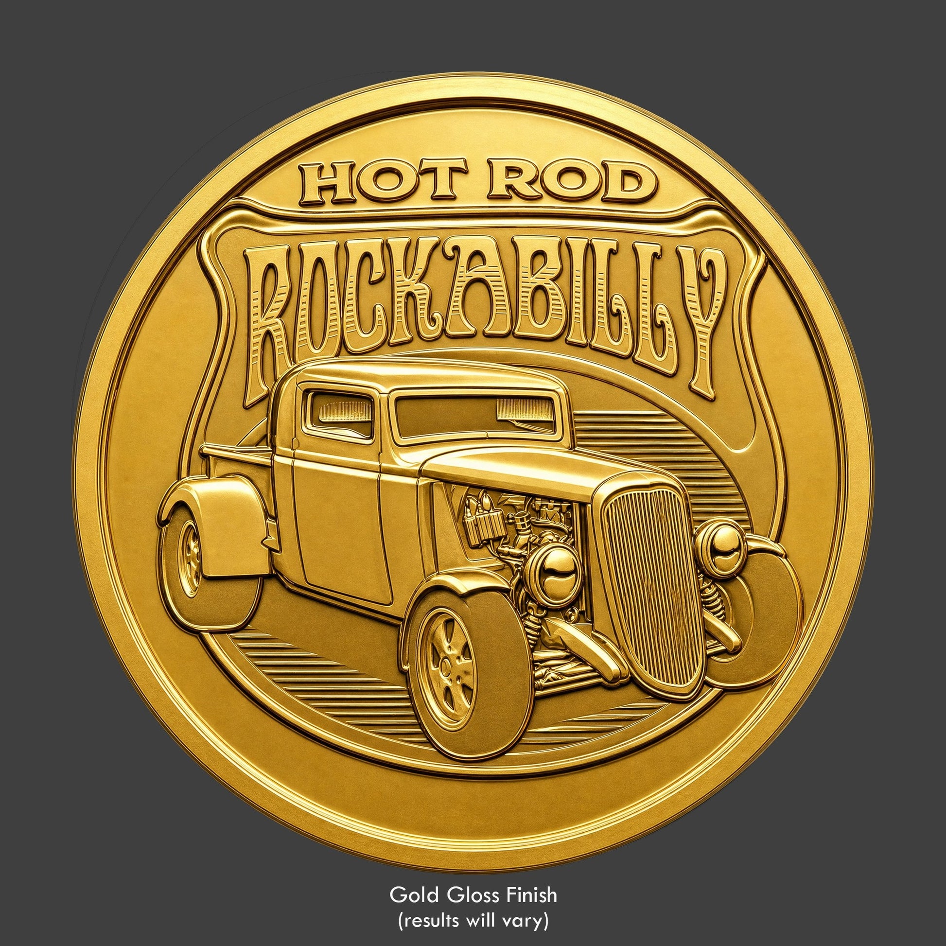 A gold finished, resin sculpted hot rod on a coin