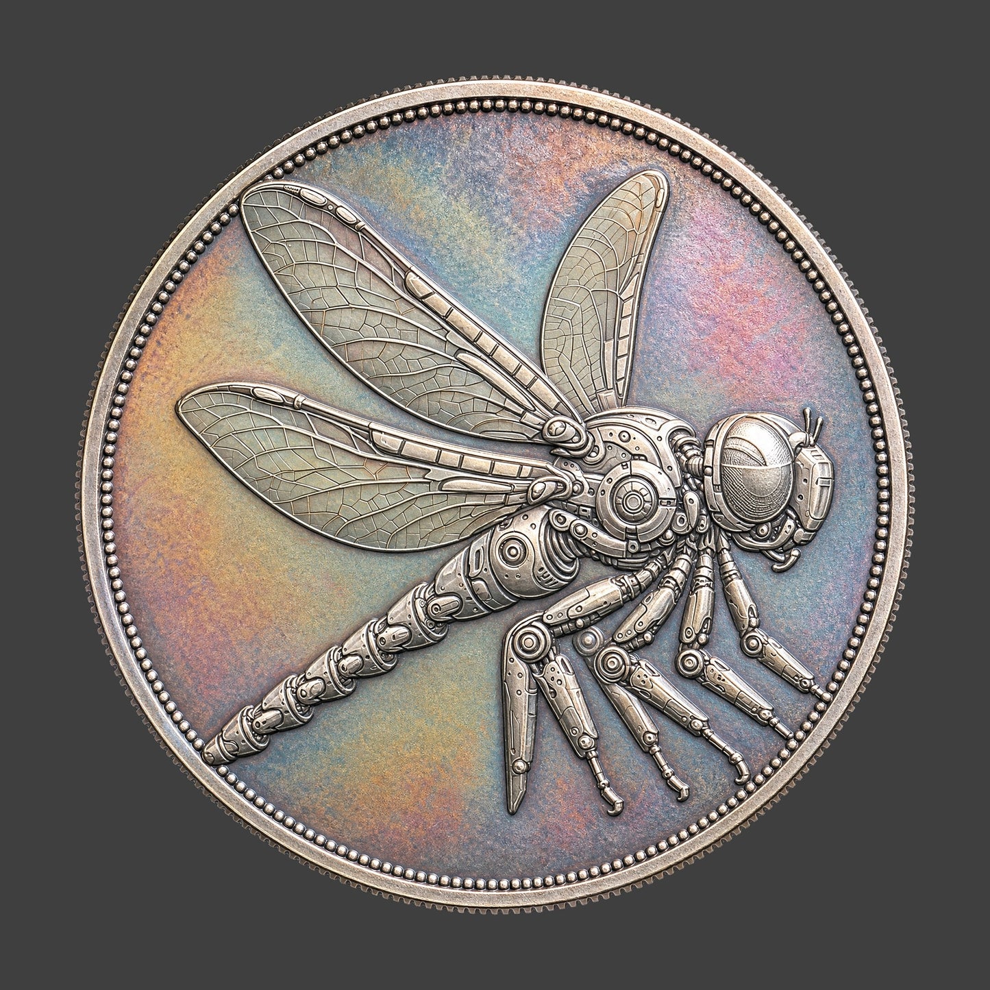 Metallic looking novelty coin with a mechanical dragonfly design on a silver toned background