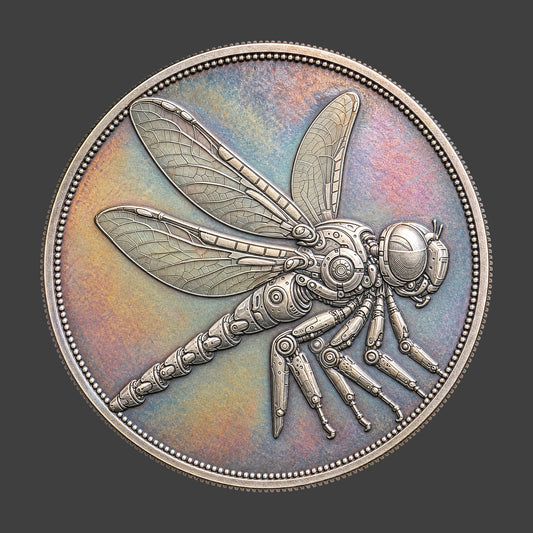 Metallic looking novelty coin with a mechanical dragonfly design on a silver toned background