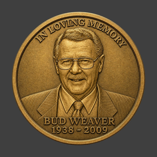 A memoriam coin in gold patina finish