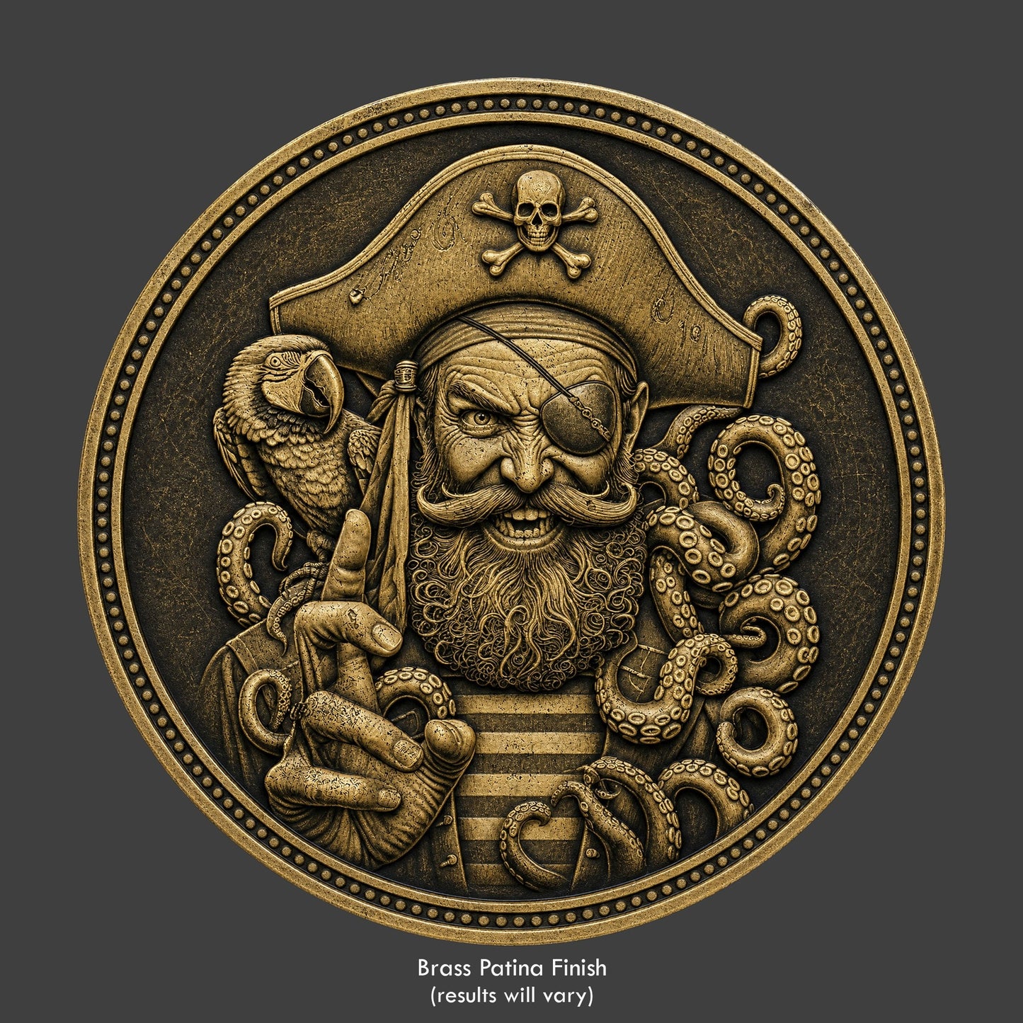 A brass finished, resin sculpted coin of Jolly Roger the pirate
