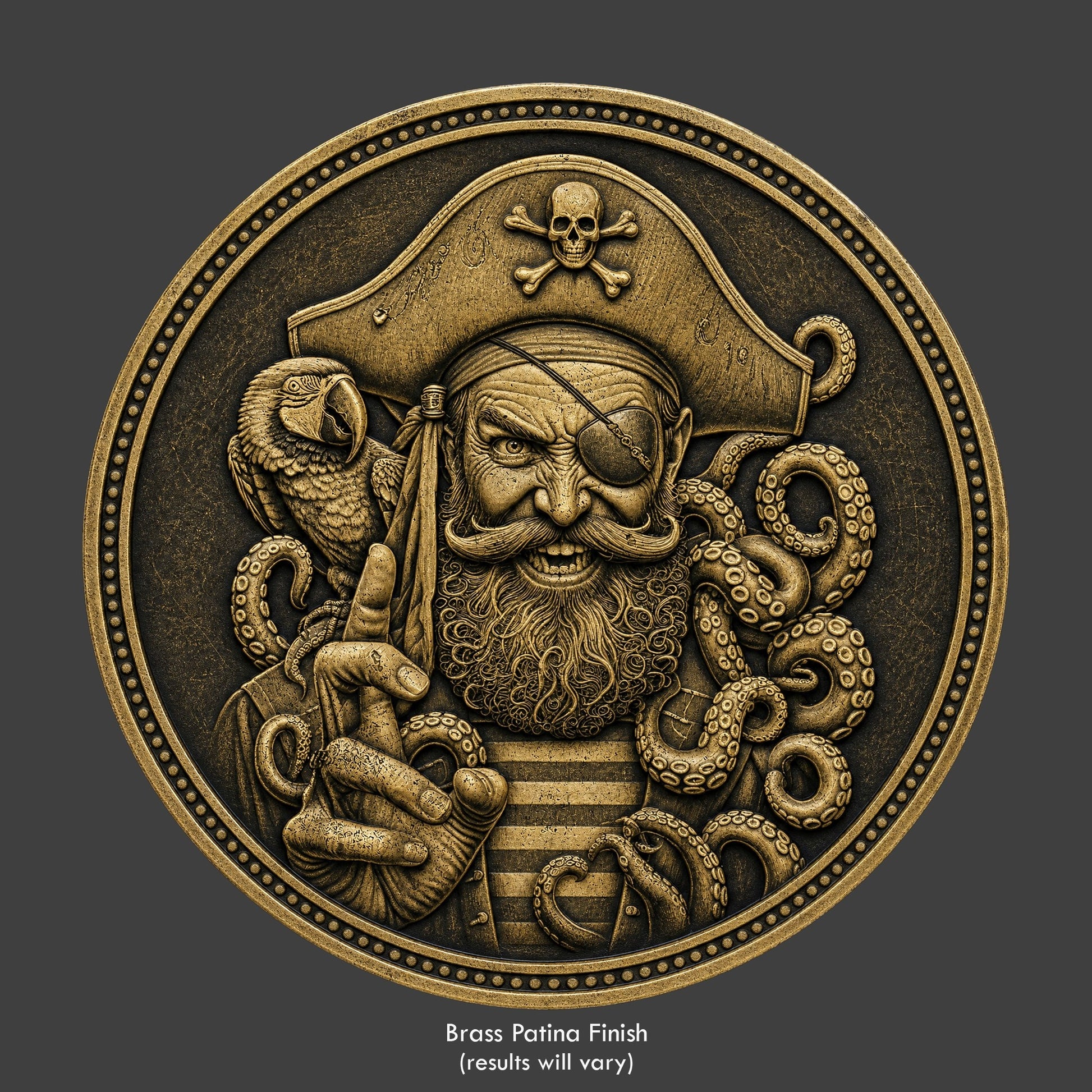 A brass finished, resin sculpted coin of Jolly Roger the pirate