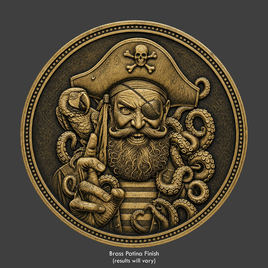 A brass finished, resin sculpted coin of Jolly Roger the pirate