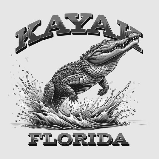 Black and white illustration of an alligator with 'KAYAK FLORIDA' text on a light gray background