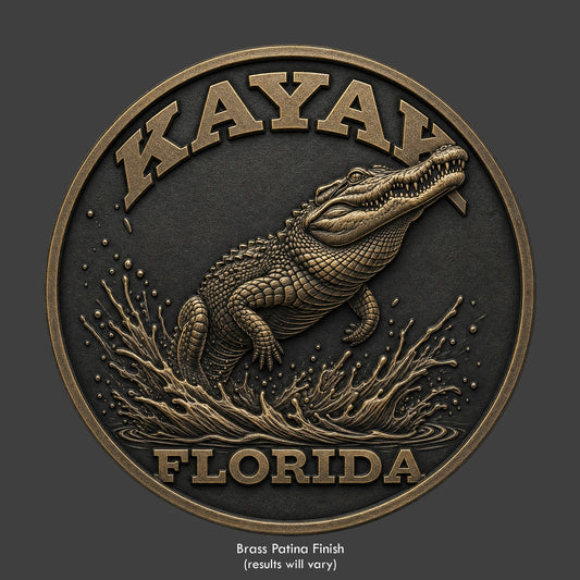 An alligator on a coin for Kayak Florida logo