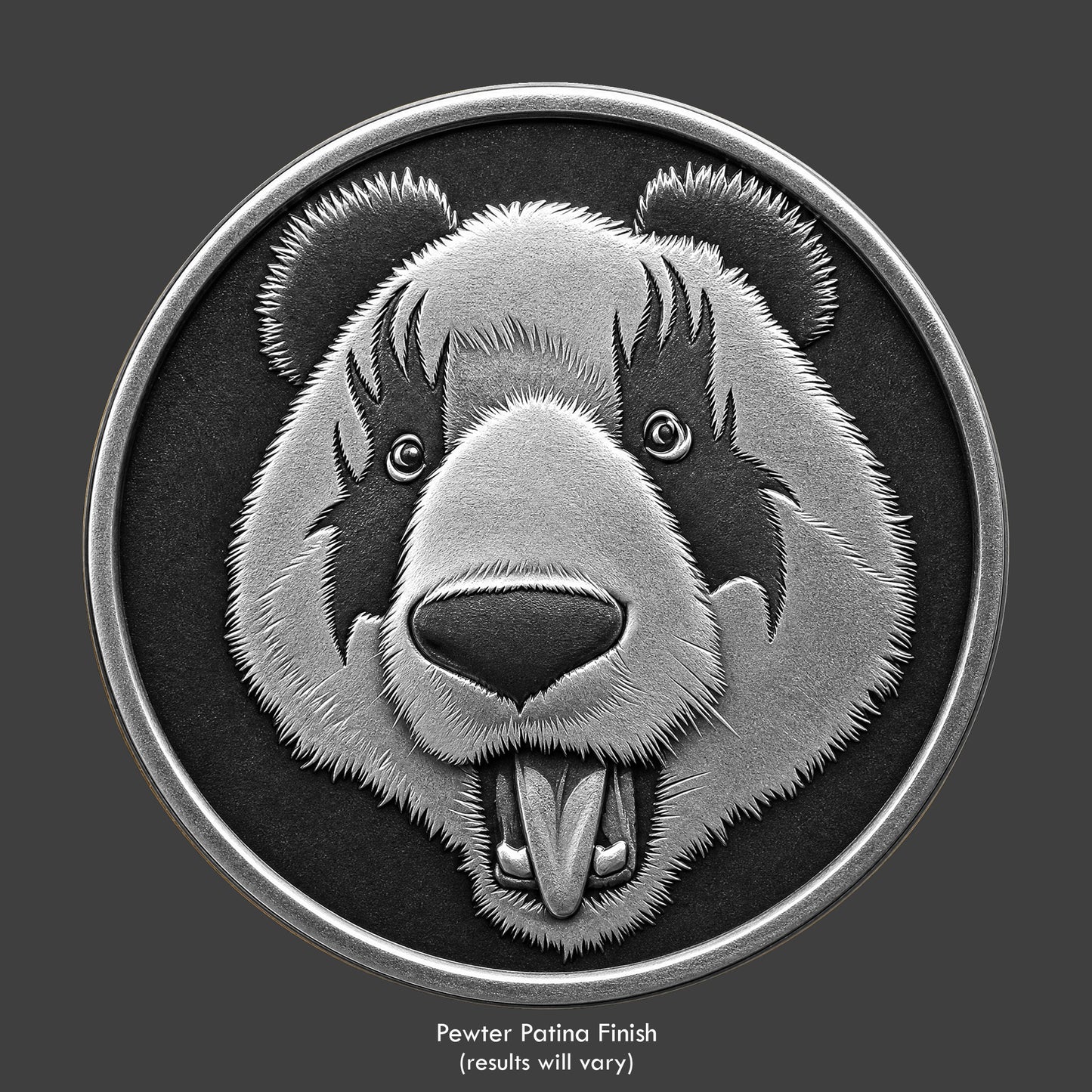 A panda bust with eyes the shape of Kiss band members on a pewter coin
