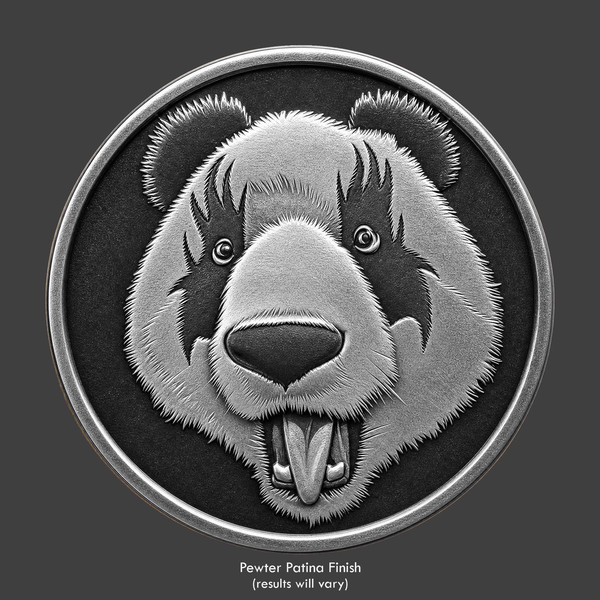 A panda bust with eyes the shape of Kiss band members on a pewter coin