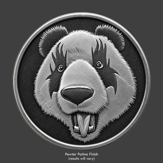 A panda bust with eyes the shape of Kiss band members on a pewter coin