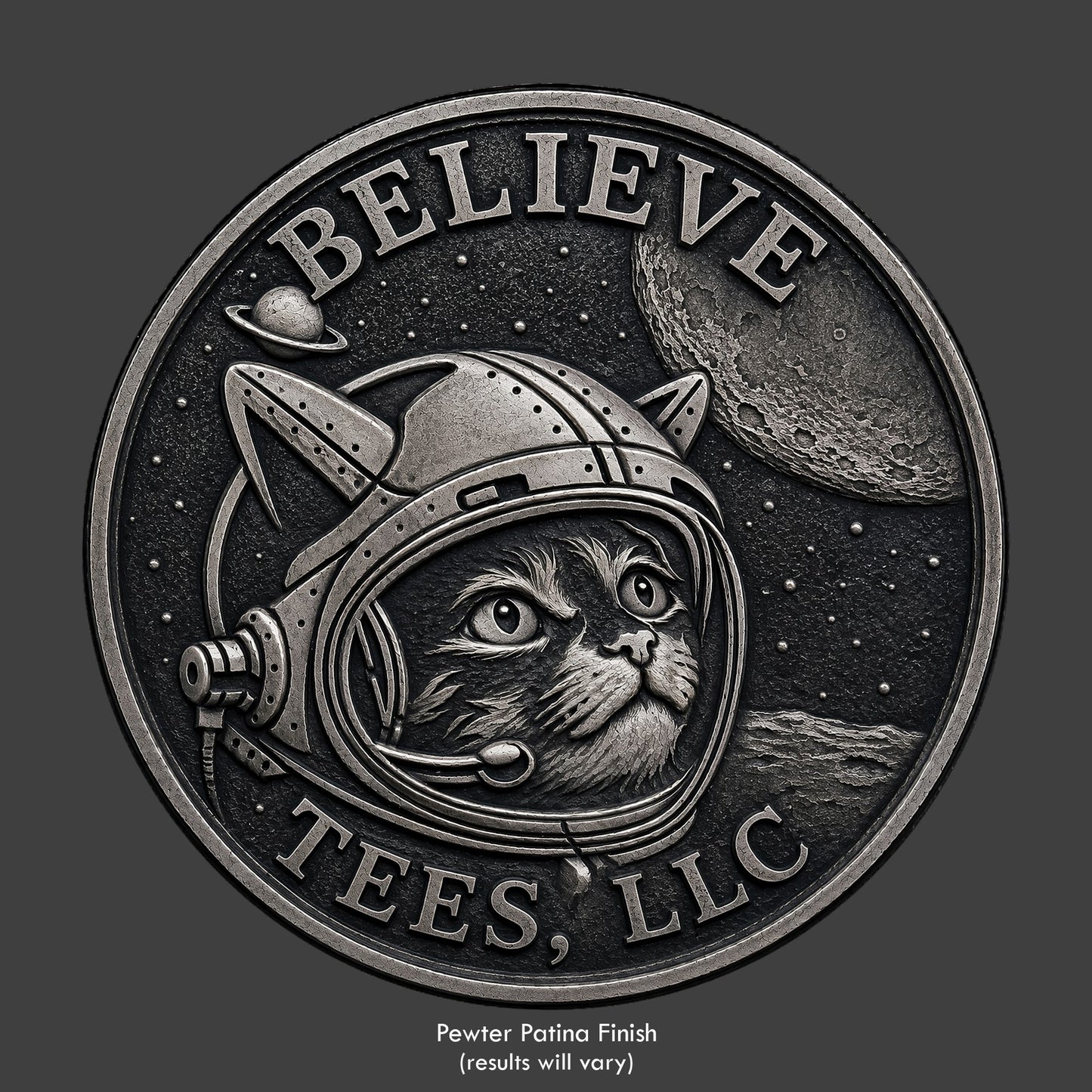An astronaut kitty looking at the solar system sculpted a coin
