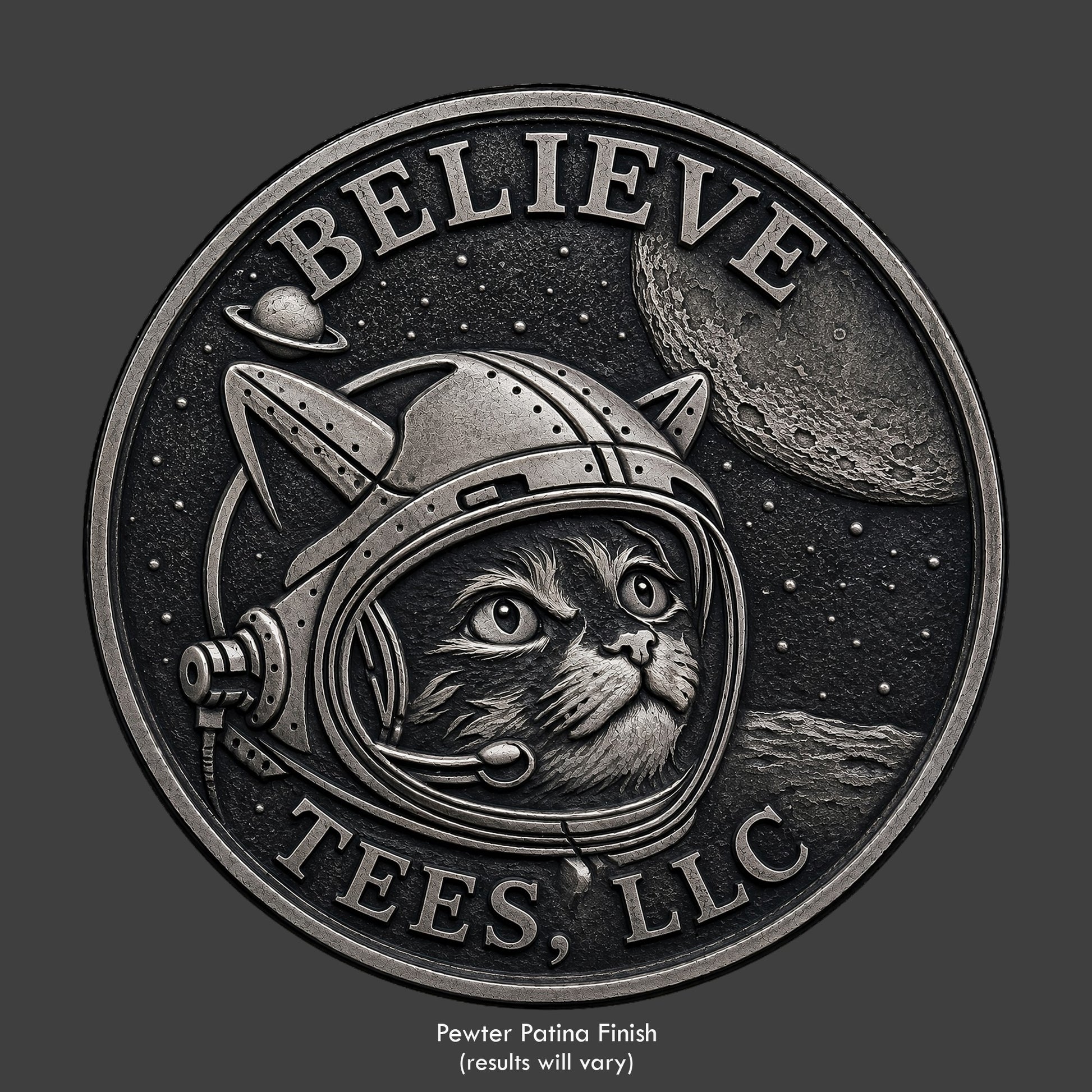 An astronaut kitty looking at the solar system sculpted a coin