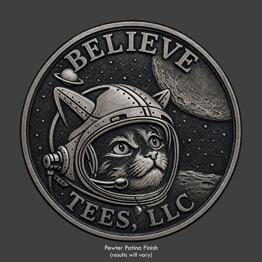 An astronaut kitty looking at the solar system sculpted a coin