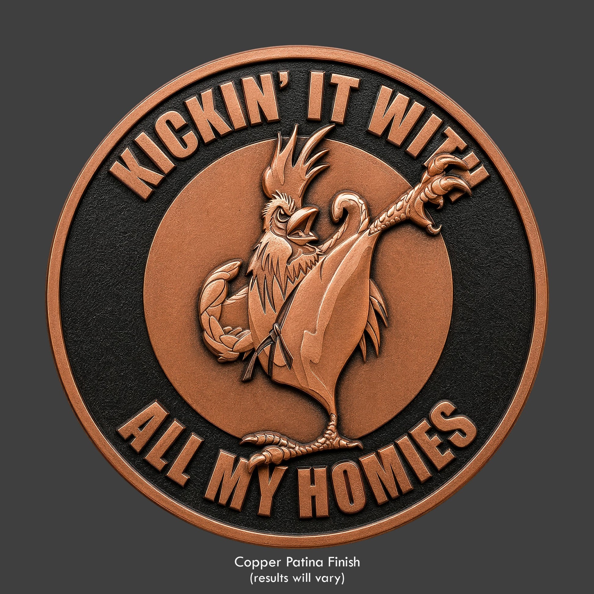 A copper finished, resin sculpted coin of a karate fighting rooster