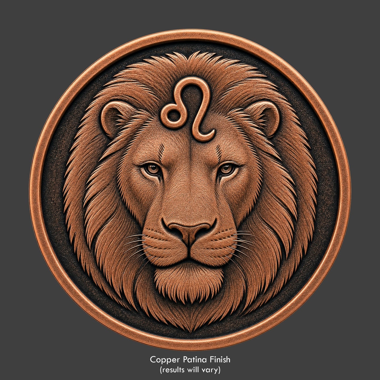 A Zodiac Leo symbol on a copper patina coin