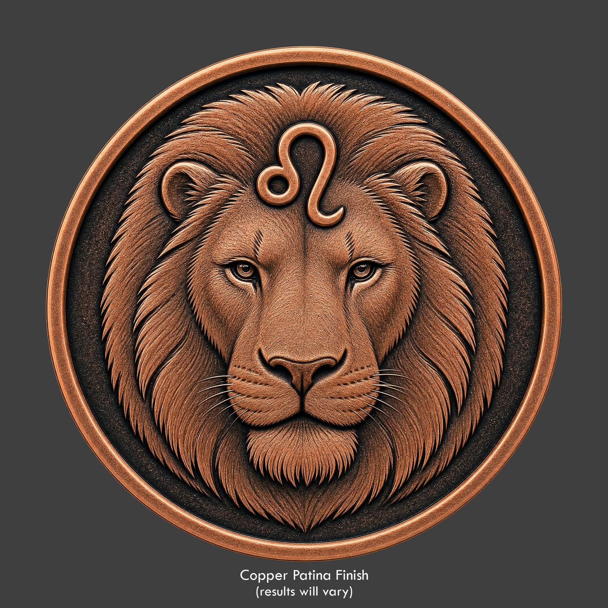 A Zodiac Leo symbol on a copper patina coin