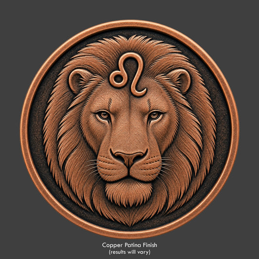 A Zodiac Leo symbol on a copper patina coin