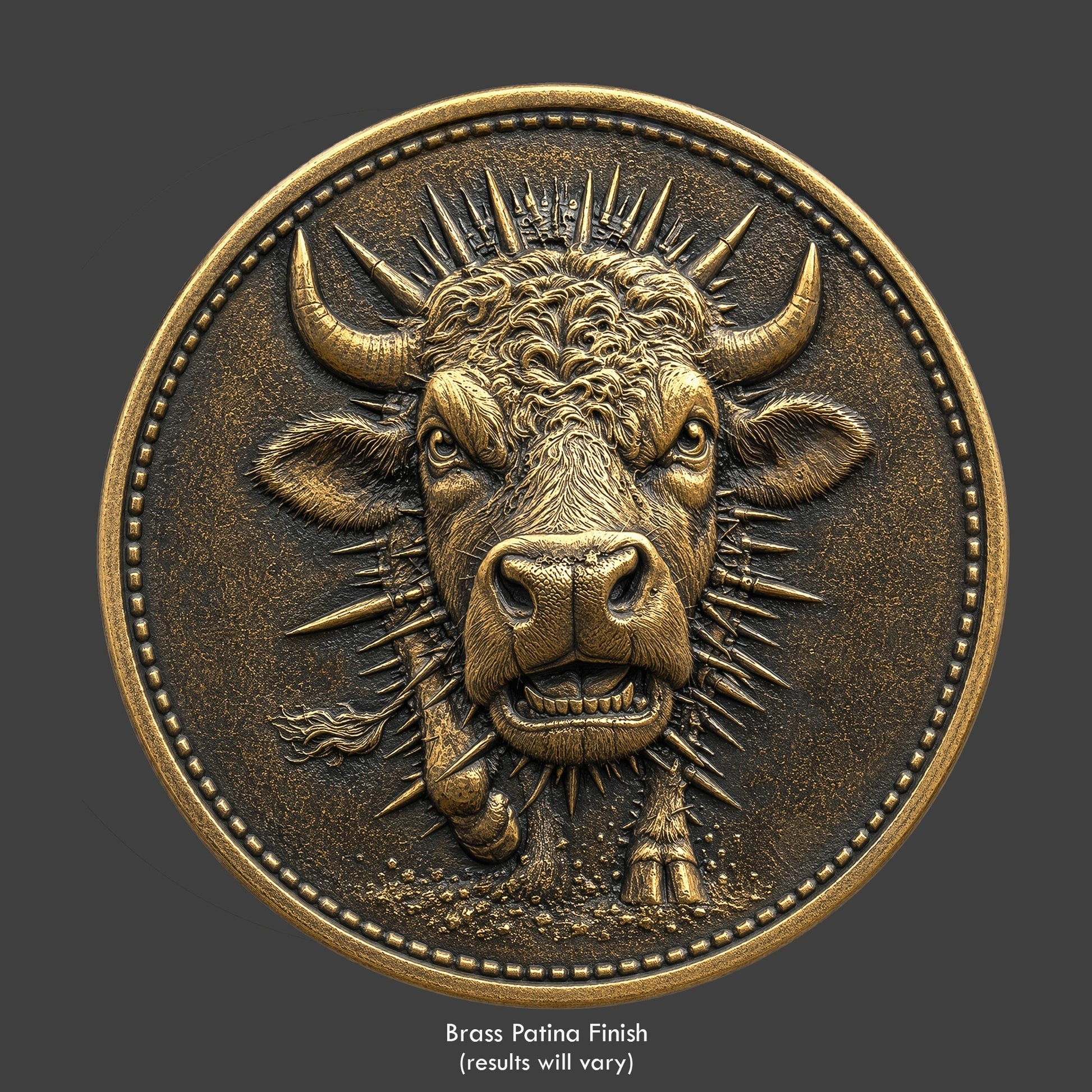 A charging bull on a brass patina coin